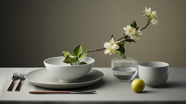 uma tigela de água e uma tigela de frutas sobre uma mesa com um limão