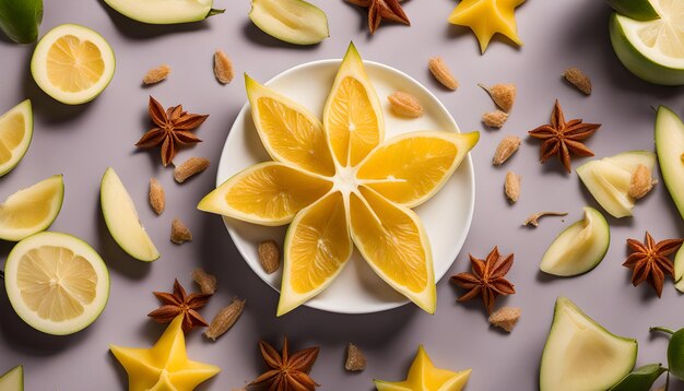 uma tigela de amêndoas e laranjas com fatias em forma de estrela