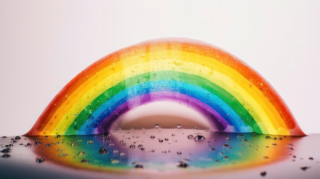 Uma tigela de arco-íris é refletida em um copo de água.
