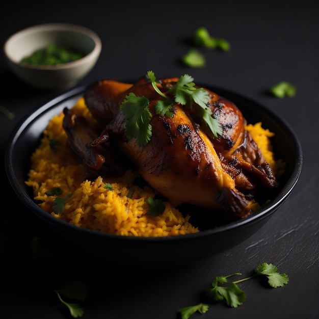 Uma tigela de arroz amarelo com uma galinha