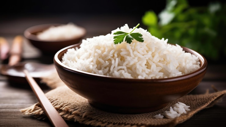 Foto uma tigela de arroz basmati branco está sobre uma mesa.