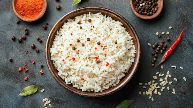 Uma tigela de arroz cercada por várias especiarias