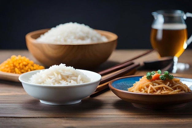 Uma tigela de arroz com arroz e legumes em uma mesa de madeira.