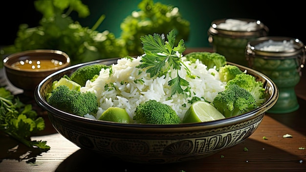 uma tigela de arroz com brócolis e arroz branco.