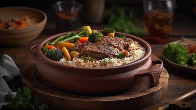 Uma tigela de arroz com carne e legumes