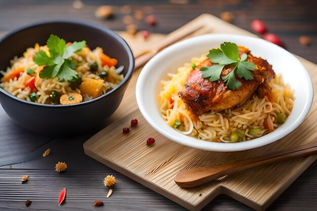 Uma tigela de arroz com frango e legumes em uma mesa de madeira.