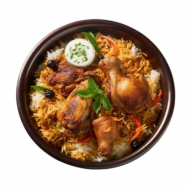 Uma tigela de arroz com frango e legumes
