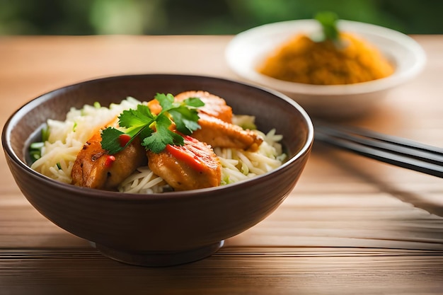 Uma tigela de arroz com frango e uma tigela de curry ao lado.