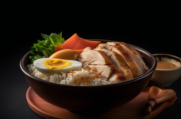 Uma tigela de arroz com frango, ovo e carne.