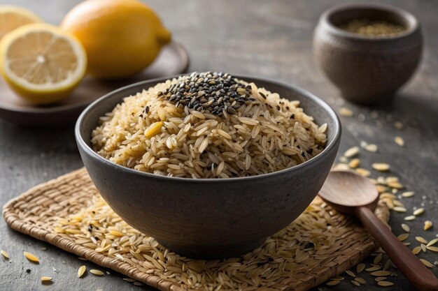 Foto uma tigela de arroz com gergelim preto em fundo escuro