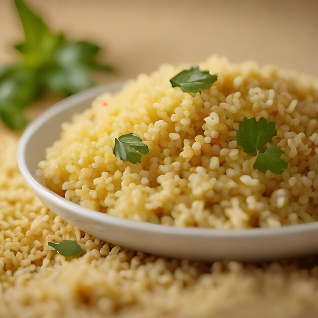 uma tigela de arroz com salsa em cima