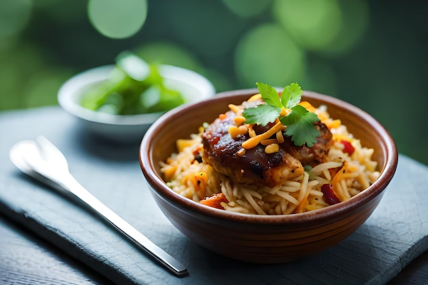 Uma tigela de arroz com um pedaço de frango e uma colher ao lado