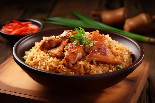 Uma tigela de arroz com um prato de frango.