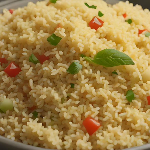 uma tigela de arroz com um vegetal verde nela