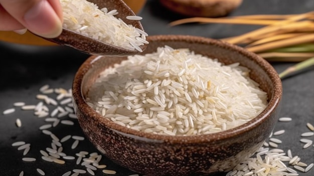 Uma tigela de arroz com uma colher de arroz