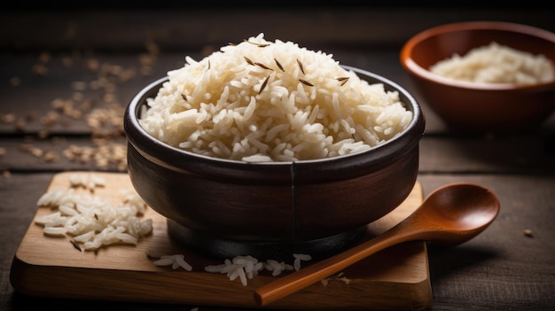 Uma tigela de arroz com uma colher de pau sobre uma mesa de madeira.