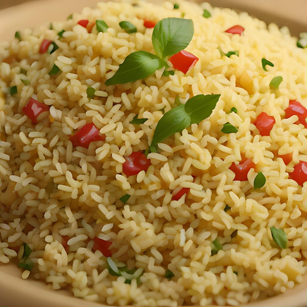 Foto uma tigela de arroz com uma folha verde e pimenta vermelha