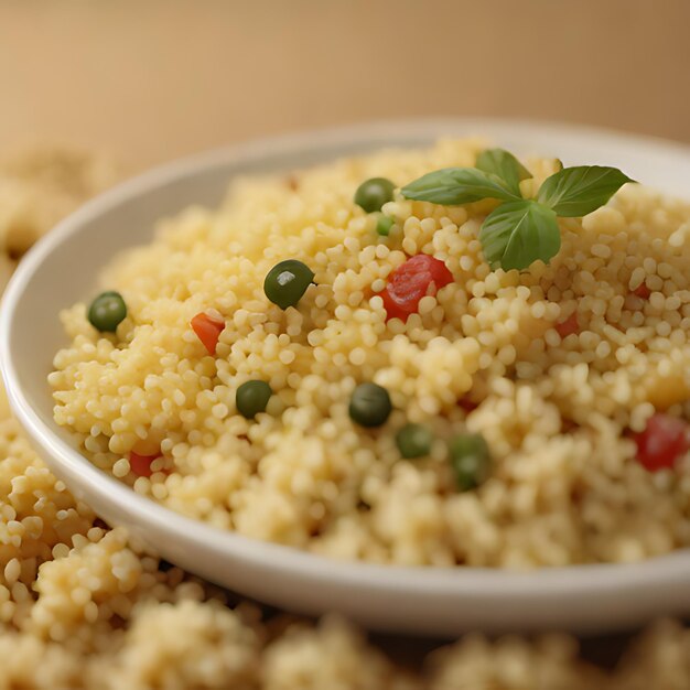 Foto uma tigela de arroz com uma folha verde em cima dela