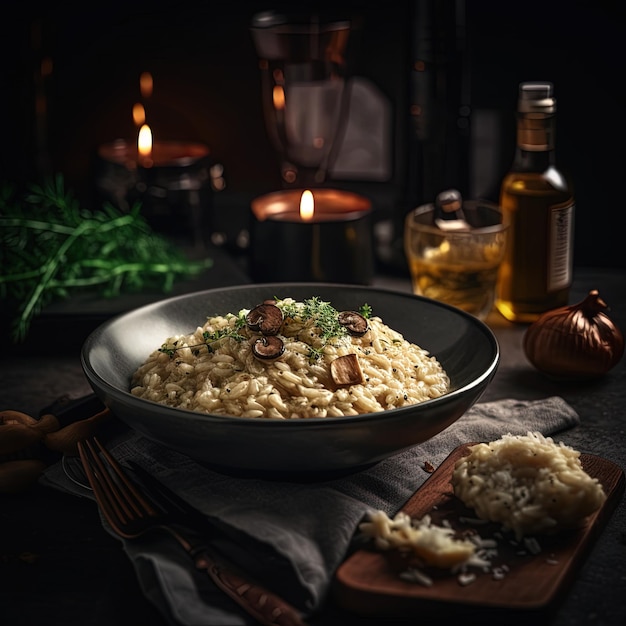 Uma tigela de arroz com uma garrafa de cerveja ao lado.