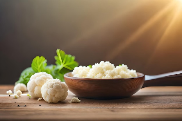 Uma tigela de arroz de couve-flor com couve-flor em uma mesa de madeira.