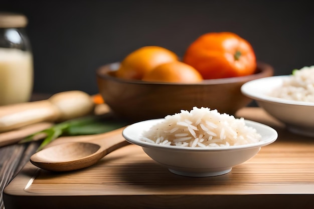 Uma tigela de arroz e alguns outros alimentos em uma mesa