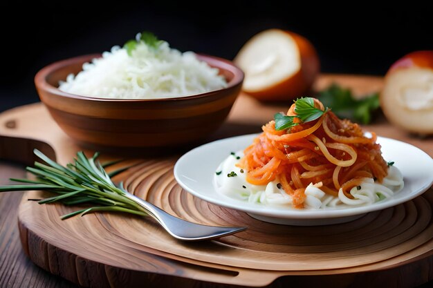 Uma tigela de arroz e espaguete com um raminho de salsa ao lado.