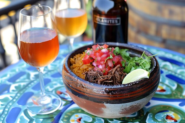 Foto uma tigela de arroz e um copo de vinho ao lado de um copo de vinho