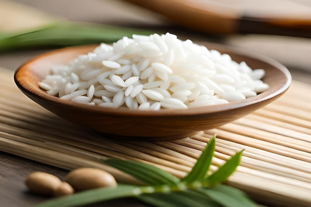 Uma tigela de arroz em uma esteira de bambu com uma folha de bambu na mesa.