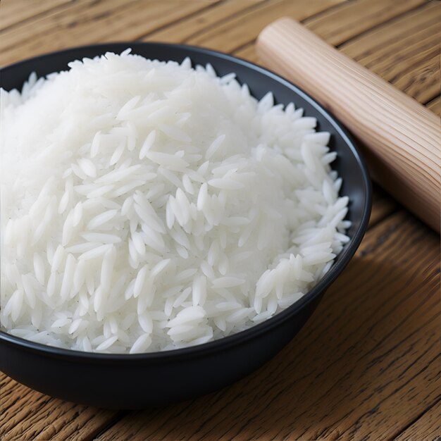 Uma tigela de arroz está sobre uma mesa ao lado de um rolo de madeira.