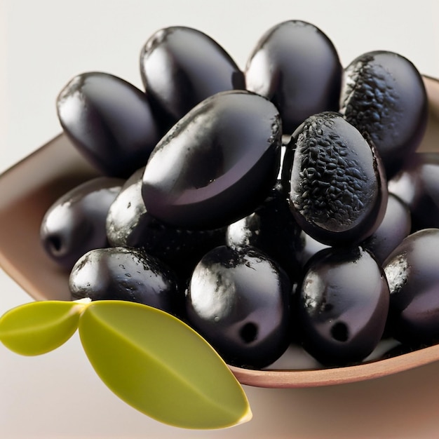 uma tigela de azeitonas pretas com uma folha que diz azeitona preta