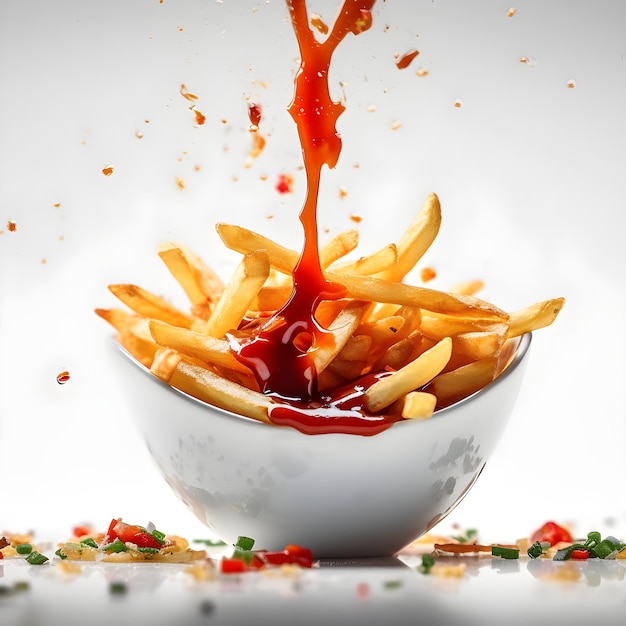 Uma tigela de batatas fritas com ketchup