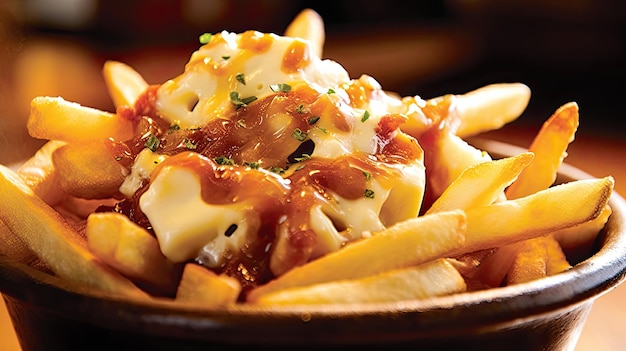 Foto uma tigela de batatas fritas com molho e queijo