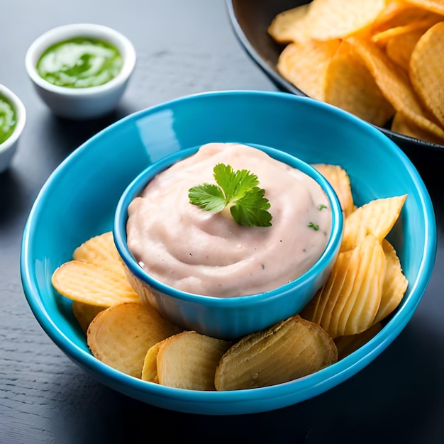 Uma tigela de batatas fritas com molho e um raminho de coentro.