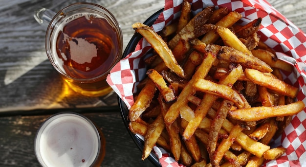 Uma tigela de batatas fritas e dois copos de cerveja.