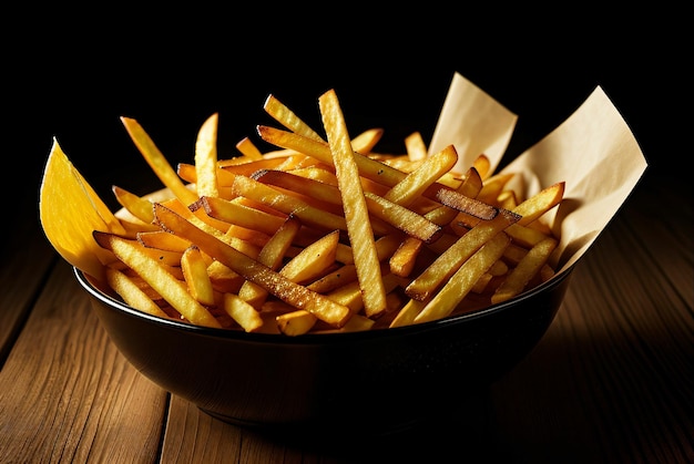 Uma tigela de batatas fritas em um fundo preto