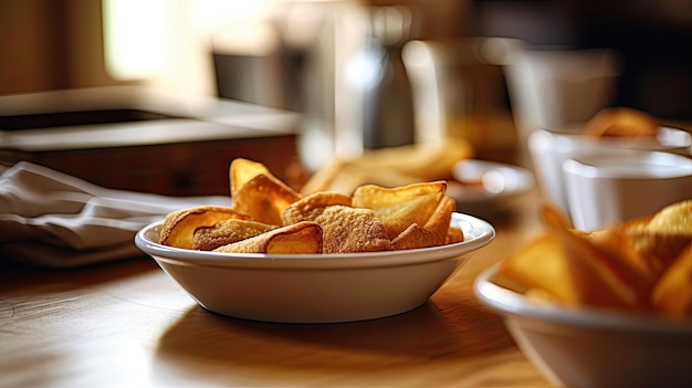 Uma tigela de batatas fritas em uma mesa com um copo de água ao fundo.