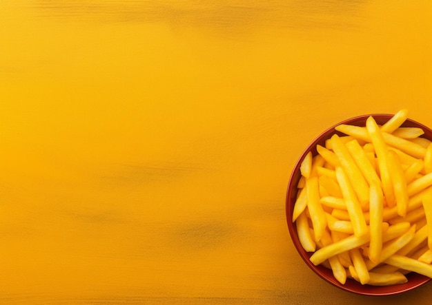 Uma tigela de batatas fritas sobre um fundo amarelo