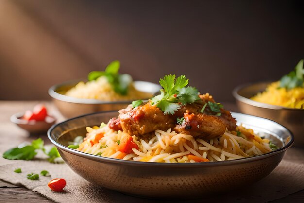 Uma tigela de biryani de frango com arroz e especiarias ao lado