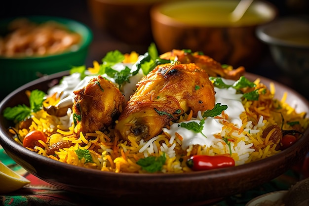 Uma tigela de biryani de frango com arroz e molho de iogurte