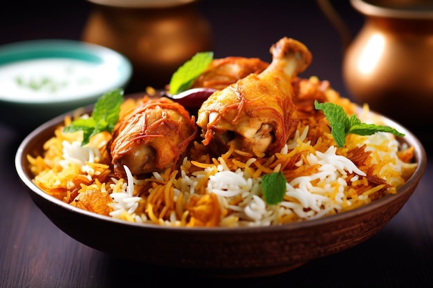 Uma tigela de biryani de frango com folhas de hortelã ao lado