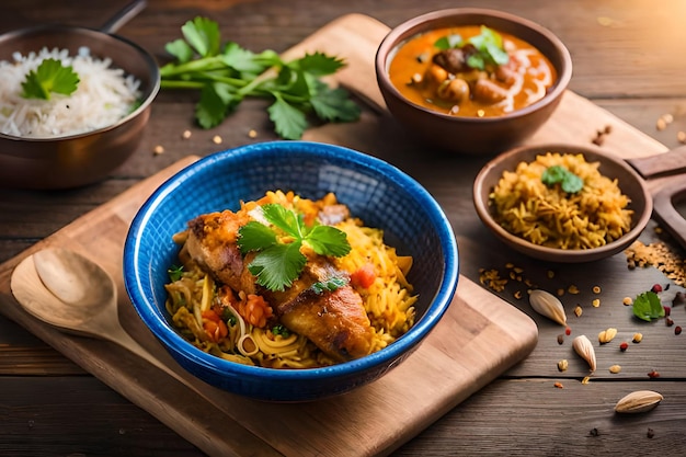 Uma tigela de biryani de frango com uma tigela de arroz e uma tigela de curry.