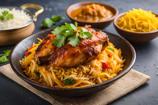 Uma tigela de biryani de frango com uma tigela de curry e uma tigela de curry.