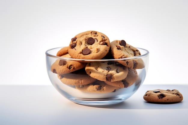 Uma tigela de biscoitos com batatas fritas de chocolate está em uma mesa ao lado de uma tigela de vidro com biscoitos.