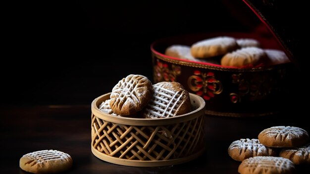 Uma tigela de biscoitos com uma caixa vermelha ao fundo