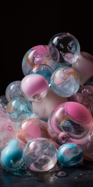 Uma tigela de bolas de vidro rosa e azul