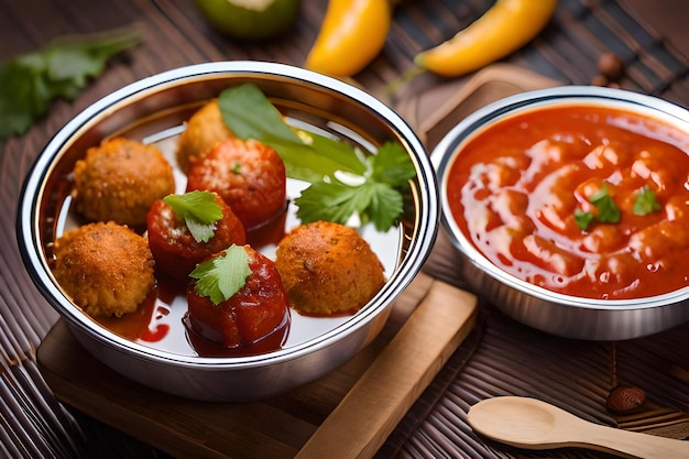 Foto uma tigela de bolinhas de carne com uma tigela de molho vermelho e uma tigella de molho vermello.