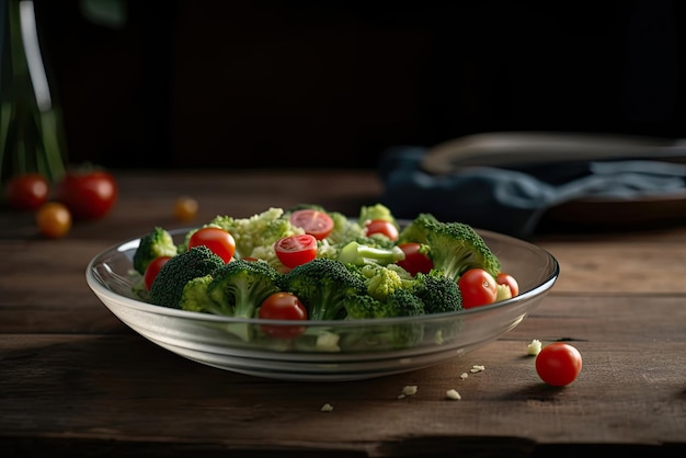 Uma tigela de brócolis e tomate está sobre a mesa.