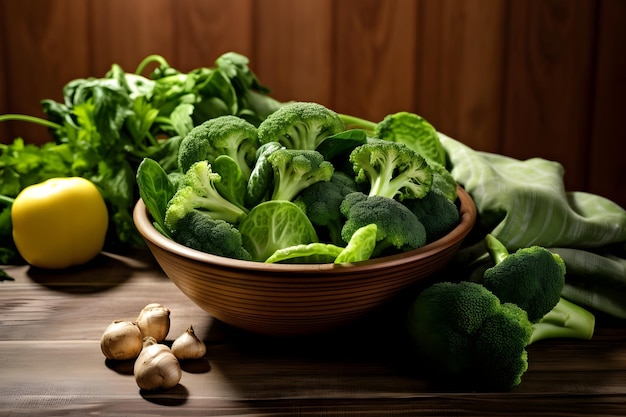 Uma tigela de brócolis verde em uma mesa de madeira