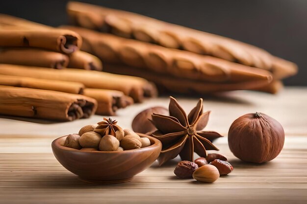 Uma tigela de canela e uma tigela de nozes na mesa.