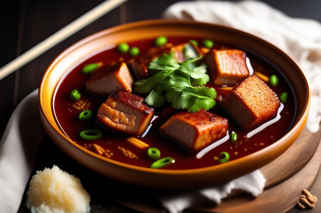 Uma tigela de carne de porco de Sichuan com cebolinha e um prato de arroz